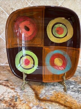 Vietri Hand-Painted Ceramic Square Plate-Rich Brown with Colorful Target Motifs